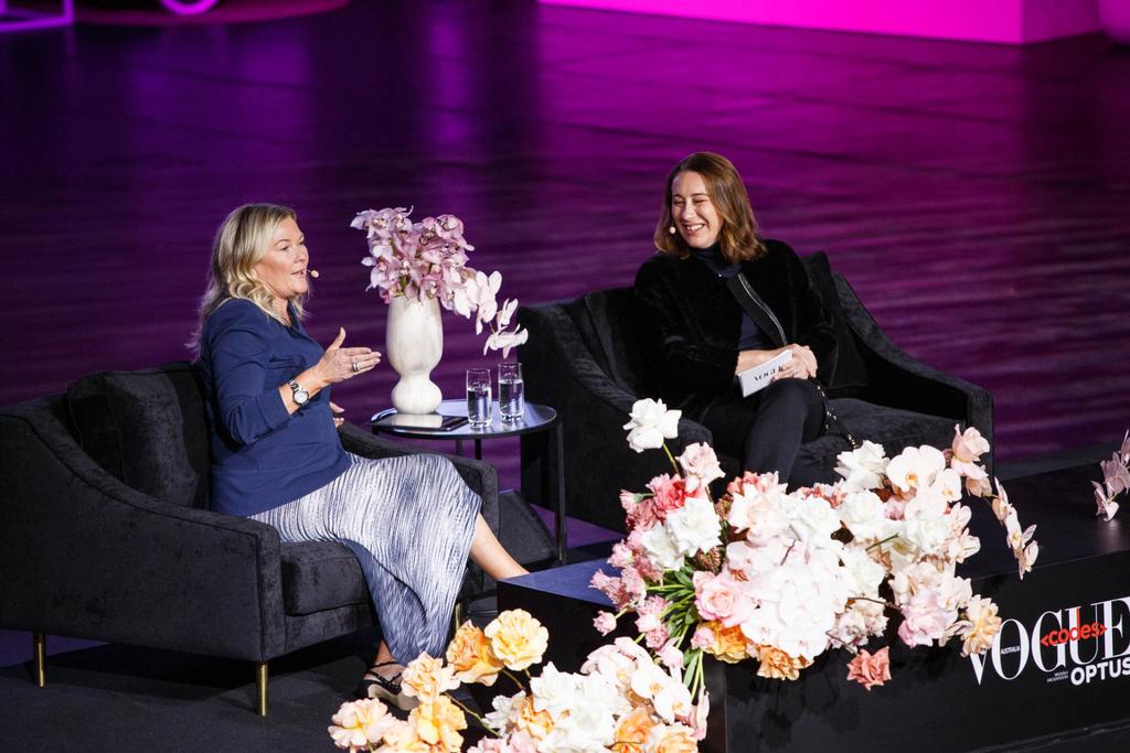 Pip Marlow on stage with Vogue Editor-In-Chief Edwina McCann. Photo by Lucas Jarvis via Vogue Australia