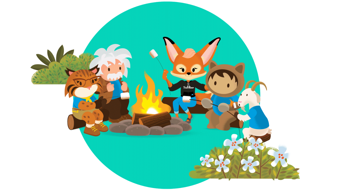 Da esquerda para a direita: Appy, Einstein, Brandy, Astro e Cloudy sentados ao redor de uma fogueira, comendo marshmellows.