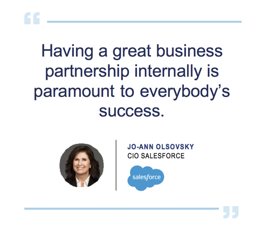 Image and quote of Jo-ann Olsovsky, the CIO at Salesforce: "Having a great business partnership internally is paramount to everybody's success."