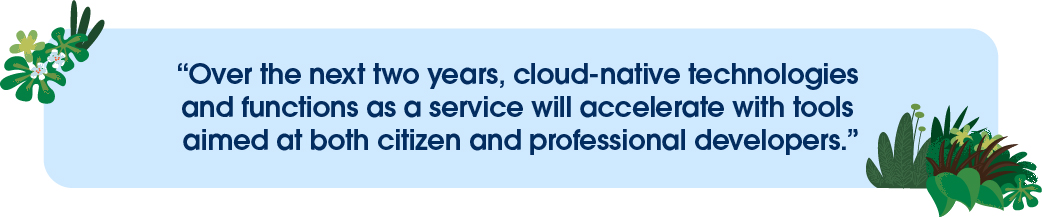 Over the next two years, cloud-native technologies and functions as a service will accelerate with tools aimed at both citizen and professional developers.