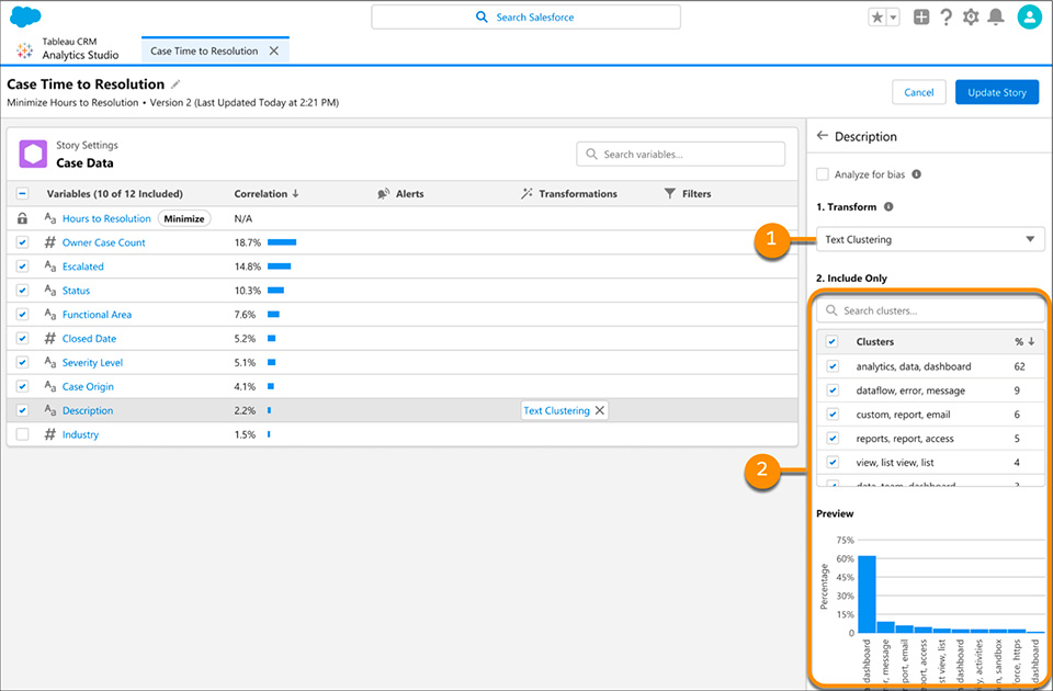 Clusters of rows show the top three keywords for each cluster (2). You can uncheck clusters to filter them into an “Other” category.