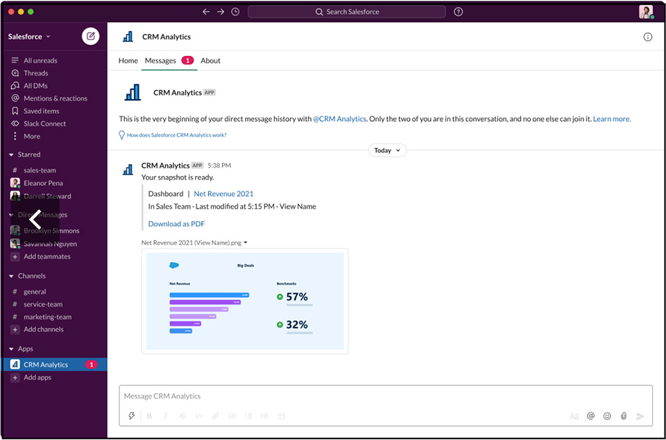 Integrated CRM Analytics dashboards and Einstein predictions in Slack.