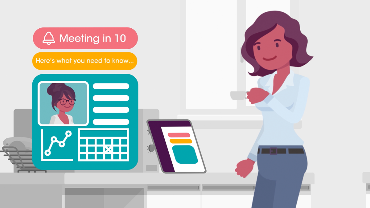 Cartoon female using Slack on a computer with graphic pop up