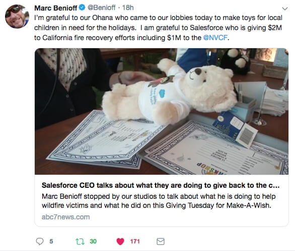Salesforce founder Marc Benioff tweeted about Giving Tuesday