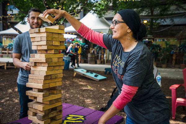 Salesforce employees play Jenga