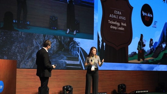 Photo of new nonprofit partner YenidenBiz onstage at Salesforce Basecamp Istanbul 2019