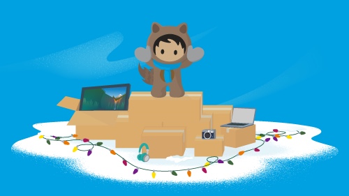 Illustration of Astro with holiday lights and boxes