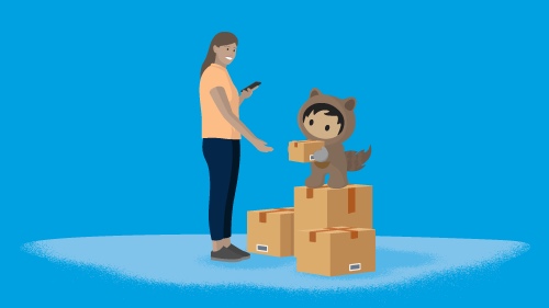 Illustration of Astro and woman with packages