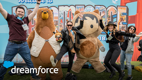 Photo of Dreamforce attendees and Salesforce characters