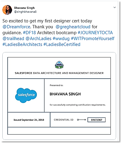 Tweet of Trailblazer who earned her first certification.