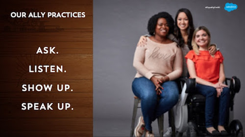 Three colleagues next to ally practices: ask, listen, show up, and speak up