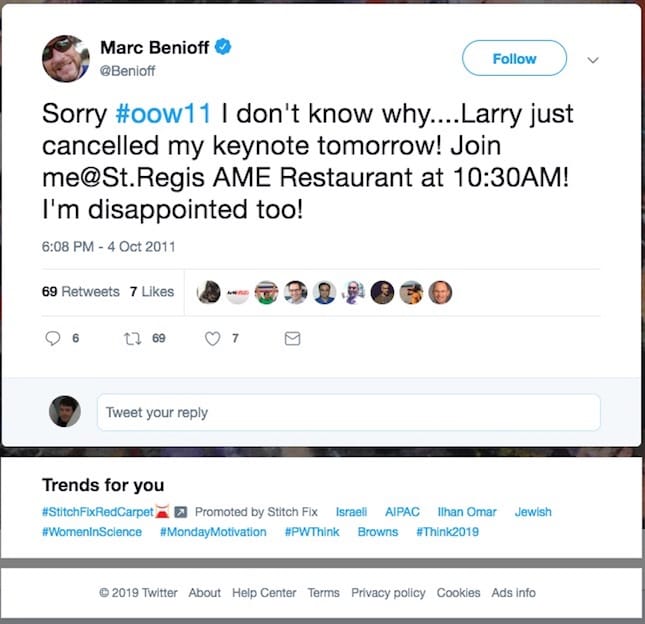 Screen capture of Marc Benioff tweet