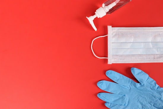 hand sanitizer, face mask, and rubber glove