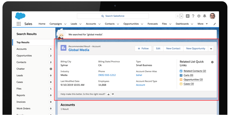 Einstein Search serves up customizable actions within the search results.