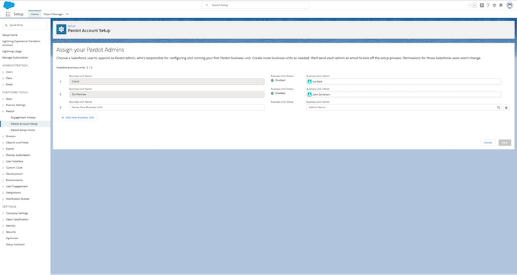  Screen capture of the Pardot account setup
