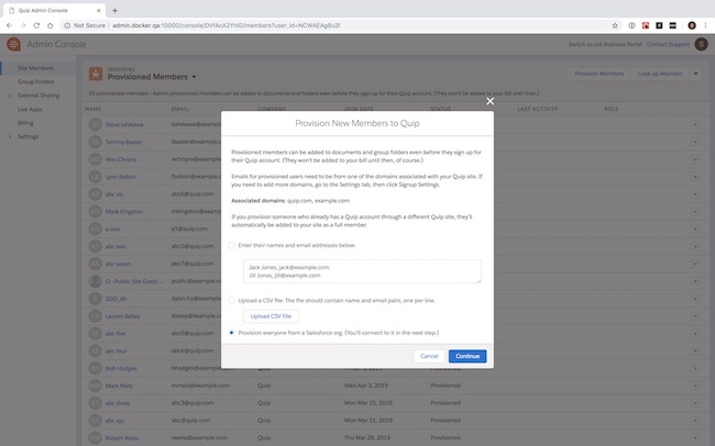 Quip setup and user management enhancements