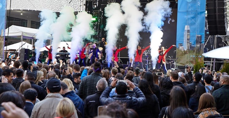 Photo of singer Pit Bull performing at Salesforce 20th anniversary celebration