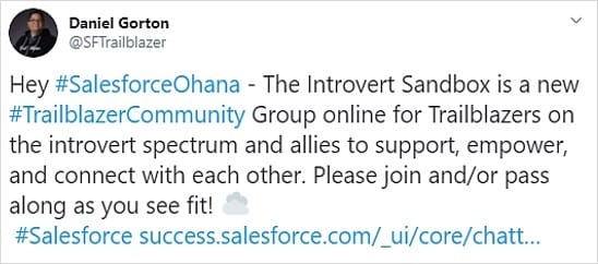 Tweet introducing the Introvert's Sandbox - an online group for Trailblazers.