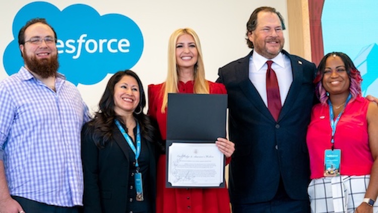 Photo of Marc Benioff with Ivanka Trump on stage in Indianapolis