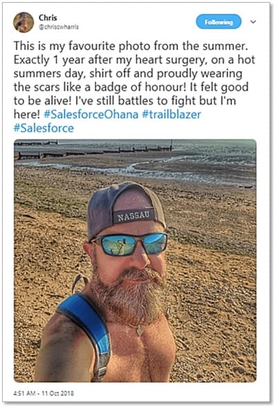 Screenshot of tweet with Chris' selfie