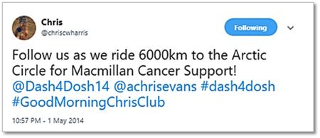 Screenshot of Chris' Macmillian Cancer support tweet