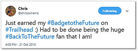 Screenshot of Chris' badge to the future tweet