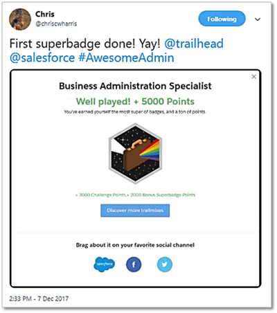 Screenshot of Chris' celebratory first superbadge tweet