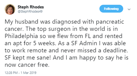 Stephanie's  tweet sharing her gratitude for being able to work remotely while her husband received cancer treatment