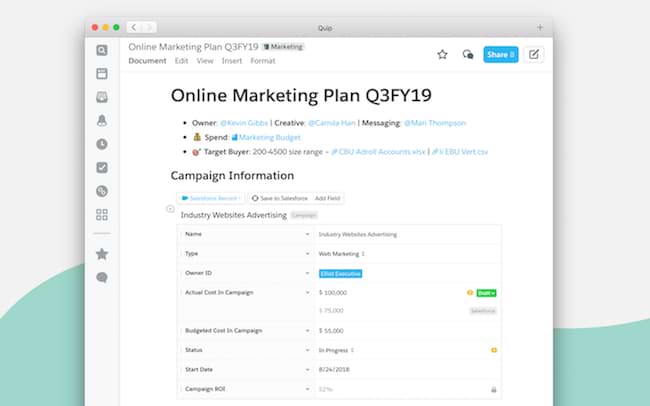 Online marketing plan Quip doc - More powerful integrations with Salesforce