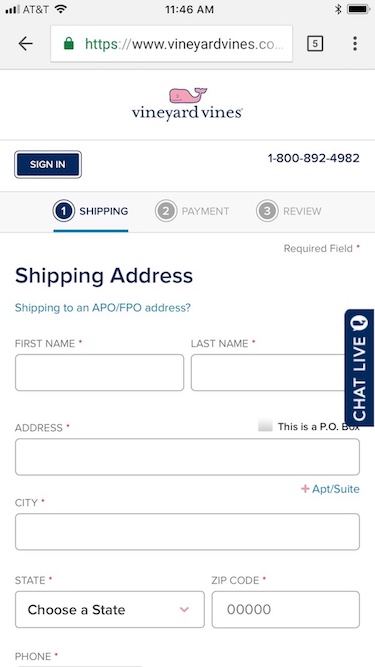 Screenshot of Vineyard Vines mobile navigation
