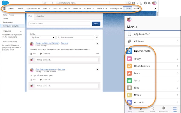 Screen capture of the new Salesforce mobile app