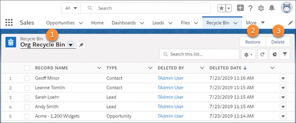 Screen capture of Salesforce Lightning Experience's recycle bin feature.