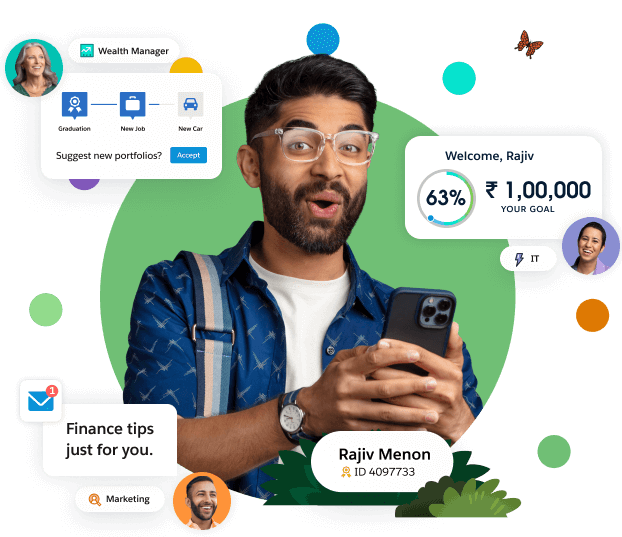 Happy young man with images of wealth management and personalised email modules.