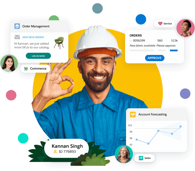 Happy young man with images of in-stock email and forecasting modules.
