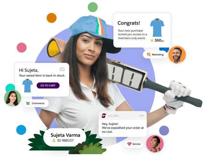 Excited sports fan with images of shopping cart and shipping notification modules.