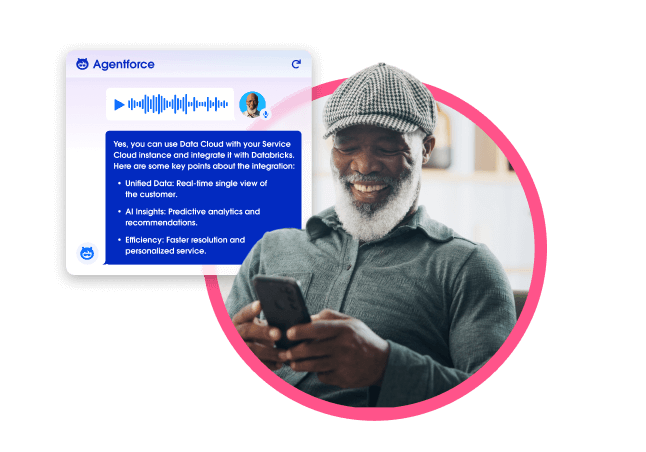 An older man smiling while using Agentforce AI with Data Cloud and Databricks integration.