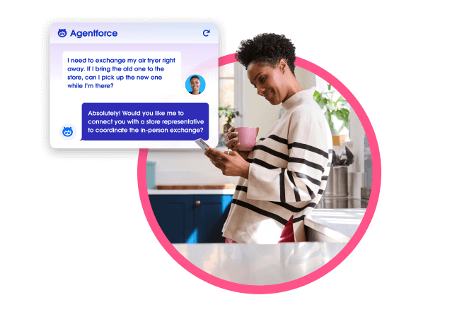A woman holding a phone chats with Agentforce AI to coordinate a product exchange.