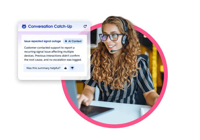 A woman wearing a headset uses Conversation Catch-Up AI on her computer.