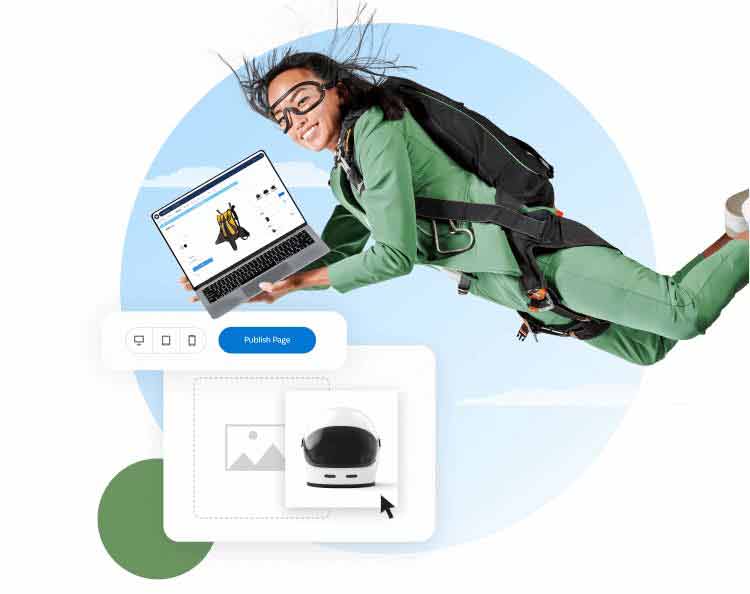 Compañera de equipo de Paola volando a través de las nubes con una computadora portátil que muestra un paracaídas al espectador
