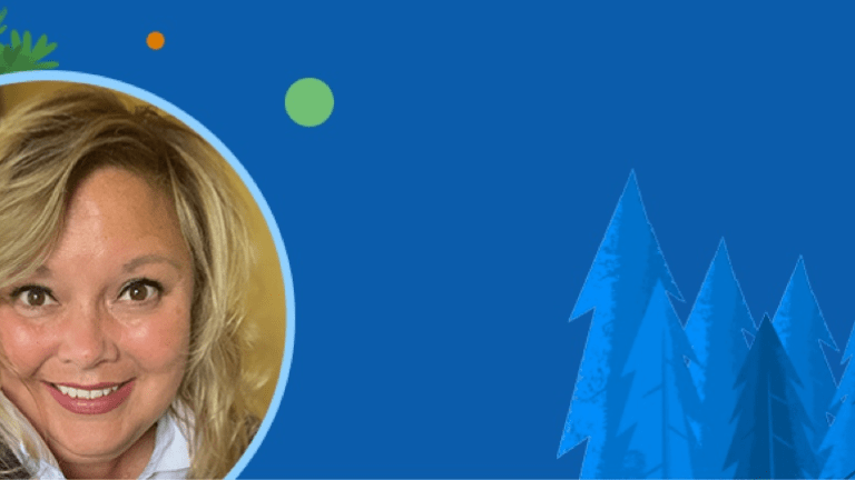 Kim Howard headshot with blue trees background