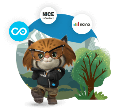 Appy, a Salesforce mascot, displays partner logos like nCino and Nice inContact.