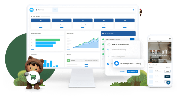 Image of a laptop displaying the functionality of Salesforce B2B Commerce.
