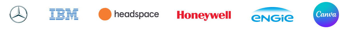 Logos for Mercedes-Benz, IBM, Headspace, Honeywell, Engie, and Canva