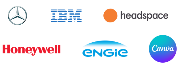 Logos for Mercedes-Benz, IBM, Headspace, Honeywell, Engie, and Canva