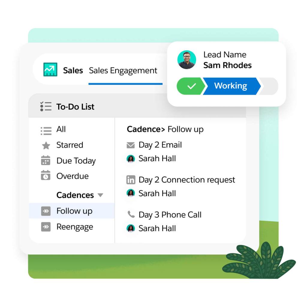 A Sales Engagement dashboard shows recent activity, action items, contacts, and lead score, with Einstein Scoring details.