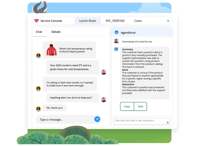 Agentforce for Service generating a service case summary automatically.