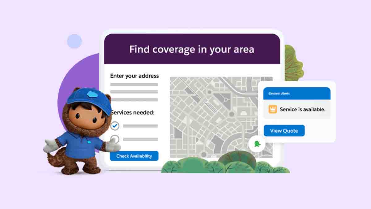 Astro, dressed as a field service worker, standing in front of a graphic representation of a service area map.