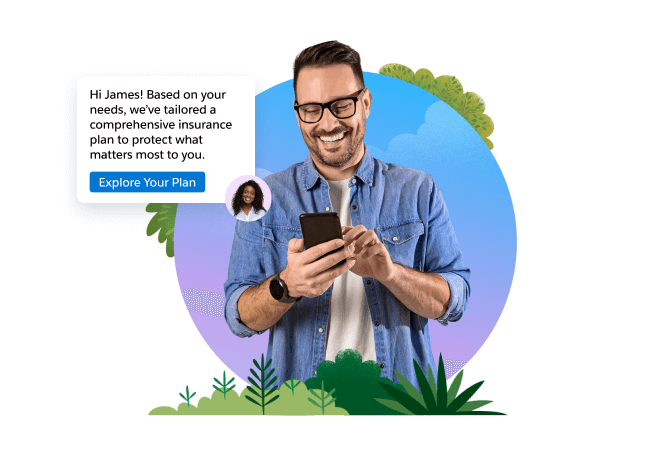 Woman holding tablet with man receiving a notification to renew their insurance.