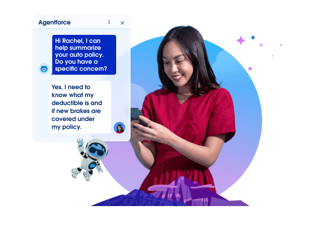 A young woman in a red dress smiles as she interacts with an AI agent over the phone to get information about her auto policy.