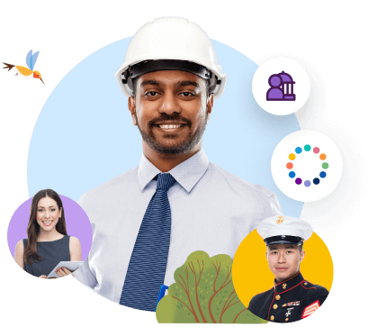 Circles featuring a civil engineer, a marine, and a customer